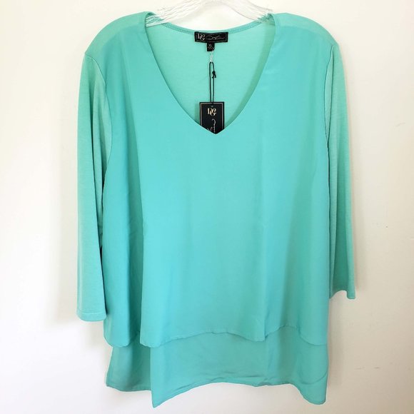 DG2 by Diane Gilman Tops - DG2 Women's Turquoise V Neck Long Sleeve Faux Layered Shirt Top Blouse